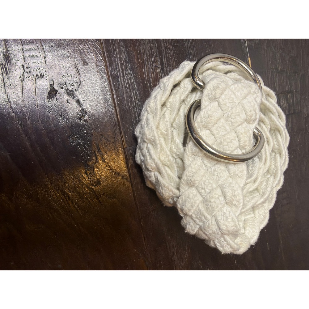 Woven Braided D-Ring Belt Cream Off White Silver Buckle Boho Nautical Size L